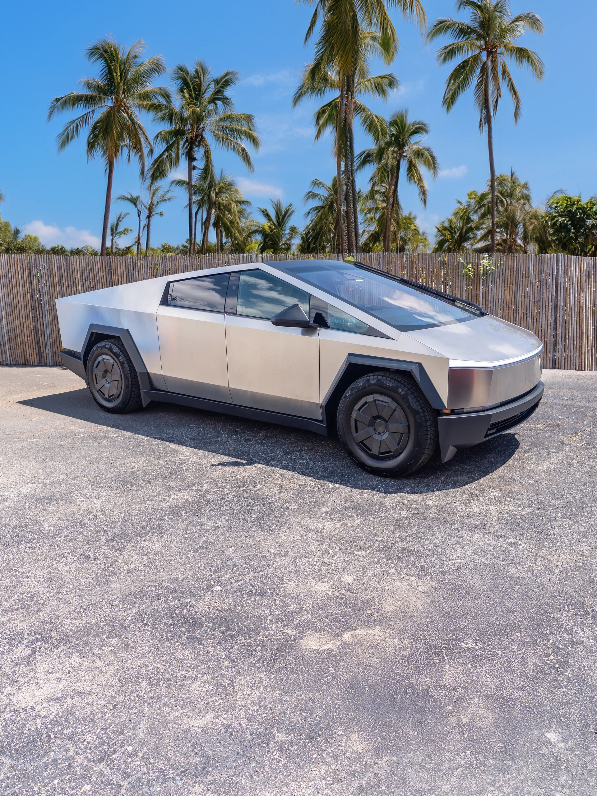 Tesla Cybertruck rental — exterior front three-quarter view